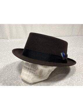 Vintage Champ Smoke Hat Size 7 Pork Pie Brown Black Feather Grosgrain Ribbon